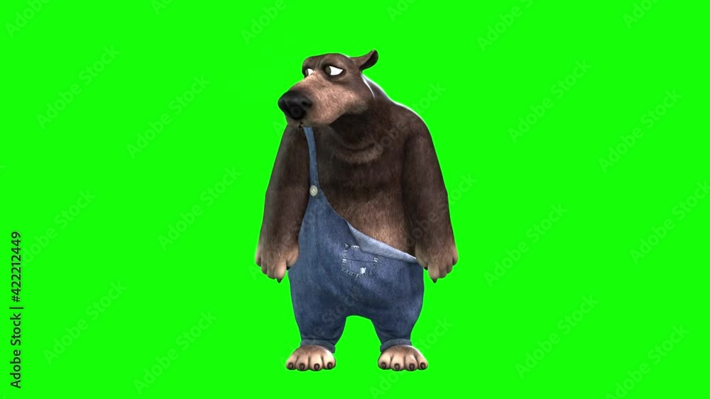 3d animation of a funny acting cartoon bear dressed in two different coloured overalls he looks around him and sticks his tongue out. 3d animation of a funny acting cartoon bear dressed in two different coloured overalls he looks around him and sticks his tongue out.
