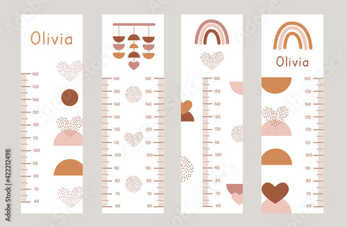Vector Set of kids height charts with abstract boho shapes in terracotta colors. Meter wall with trendy flat art design. Children growth chart for girls. Bohemian earthy rainbow and heart for nursery.