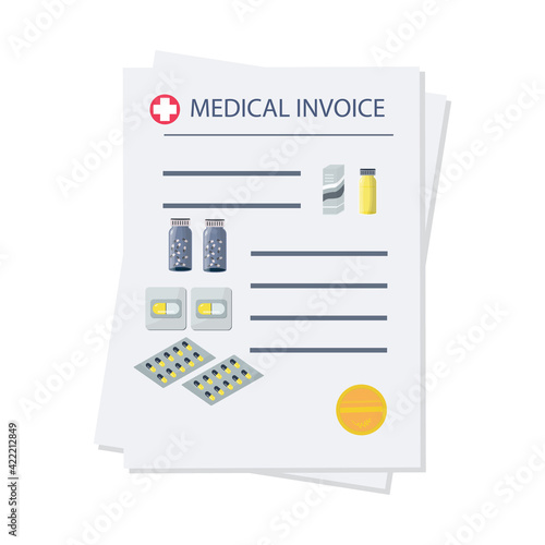 Pharmacy, invoice, medical bill, or payment. List of medicines, blister packaging,
receipt and coin. Medical, paper document, price list, doctor's prescription. Tablets, capsules and pills. Vector