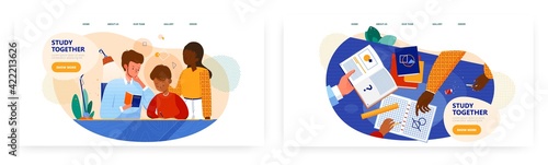 Study together landing page design, website banner vector template set. Multicultural family relationship, parenting.