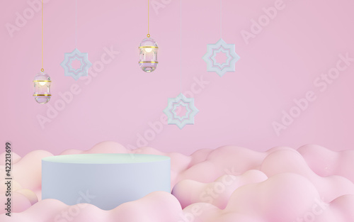 Podium with pink cloud background, islamic decoration, 3D illustration