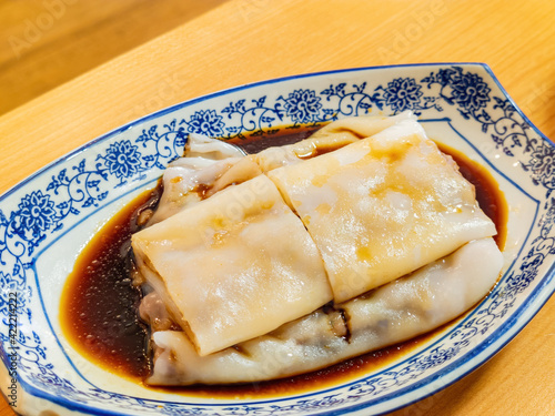 Close up shot of Steamed Rice Roll with Shrimps photo