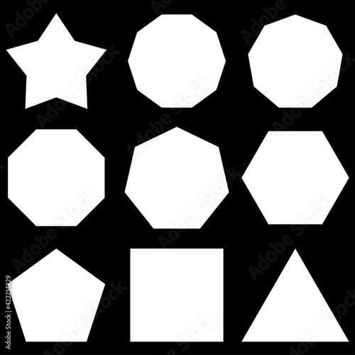 Polygon set. Basic shapes set. Star, Hexagon (Decagon), Nonagon (Nine angles), Octagon, Heptagon, Hexagon, Pentagon, Square, Triangle geometric shapes