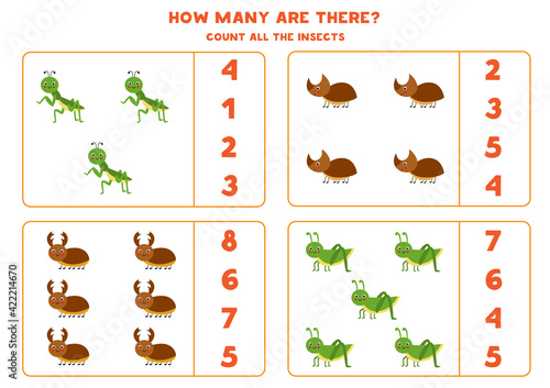Counting game with cute insects. Math worksheet.