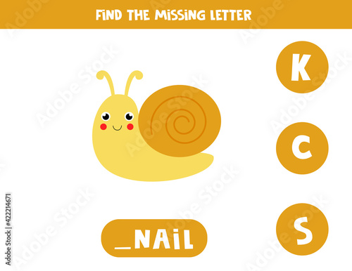 Find missing letter with cute snail. Spelling worksheet.