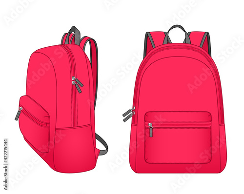 backpack with zipper pocket, Pink schoolbag vector illustration sketch template photo