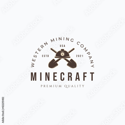 Vintage vector illustration of crossed shovels and miner hard hat with light logo design