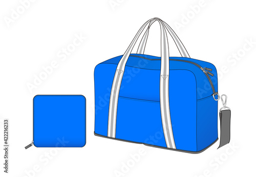 Big duffle bag, blue sport gym pouch with shoulder strap, foldable weekend bag vector illustration sketch template