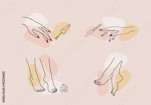 Female hands and feet. Manicure and pedicure concept. Vector Illustration in trendy outline style. Design element for web icons, nail art studio or spa salon logo.