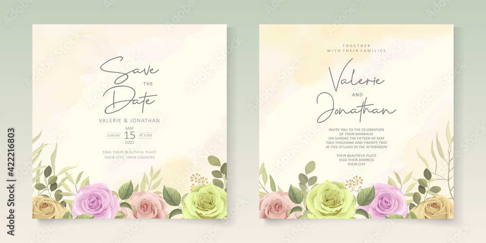 Modern wedding invitation design with colorful blooming floral
