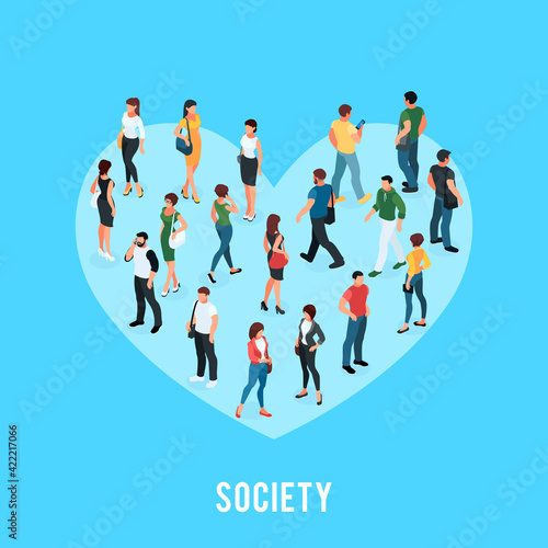 Social concept of public opinion. Isometric crowd of people