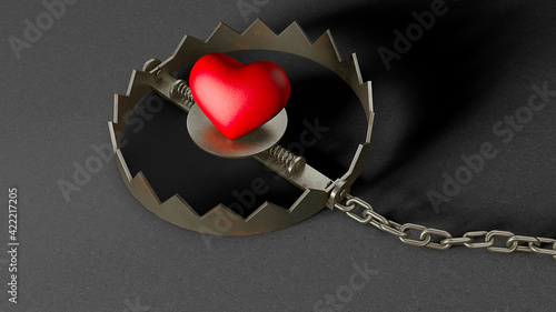 Bilde på lerret Heart in a trap. Red heart bait in a trap. 3d render