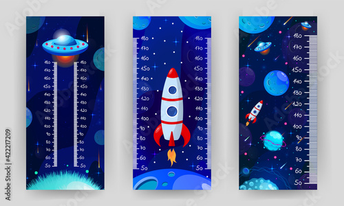 Kids space height chart. Cosmic wall meter with flying astronaut, rocket and fantasy planets. Vector illustration in cartoon style. Childish growth chart. Poster template for nursery design.