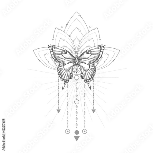 Vector illustration with hand drawn butterfly and Sacred geometric symbol on white background. Abstract mystic sign. Black linear shape. 