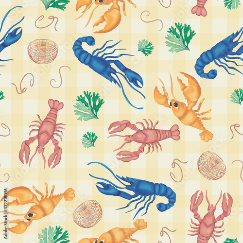 Lobster dinner table vector repeat pattern. Vector illustration 
