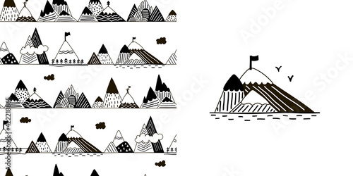 Black and white seamless pattern with different hills. Emblem of mountains. Vector illustration for textile, fabric design