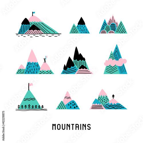 Set of mountains on white background. Colorful flat illustration with different hills