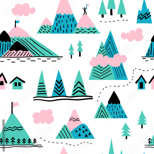 Colorful seamless pattern with different mountains. Vector childish illustration with hills for wallpaper, wrapping paper, surface design