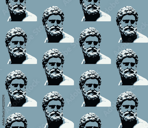 Spring seamless geometric pattern featuring antique statues, men. Vector design for web banner, business presentation, brand package, fabric, print, wallpaper, postcard.
