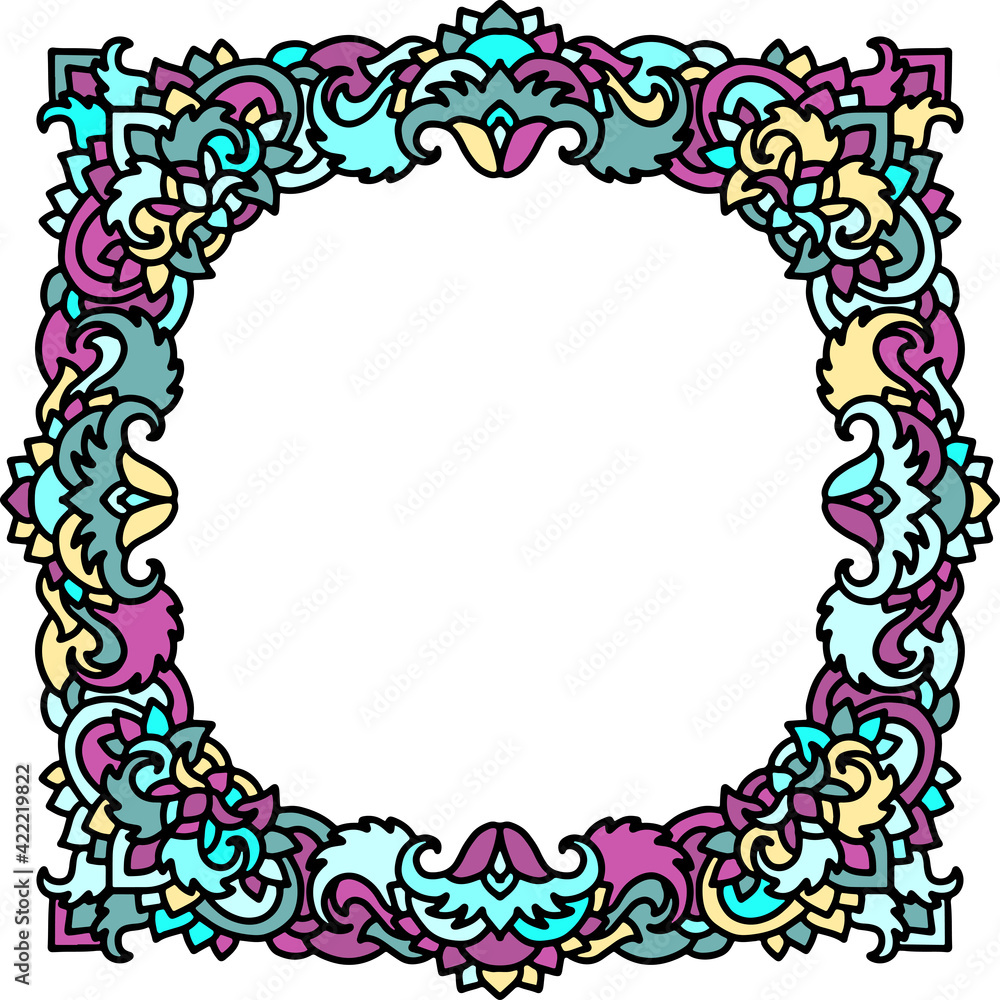 Abstract mandala frame. Asian leaves pattern. Blue and purple authentic background. Vector illustration. Abstract mandala frame. Asian leaves pattern. Blue and purple authentic background. Vector illustration.