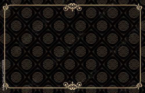 Rectangle ornament corner gold frame and border with black background Chinese seamless pattern textured for greeting cards, certificate, backdrop, banner, poster, and invitation wedding ethnic Asians