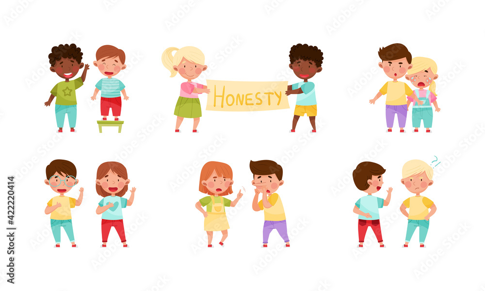 Little Kid Characters Playing Fair and Honestly Vector Illustration Set Little Kid Characters Playing Fair and Honestly Vector Illustration Set