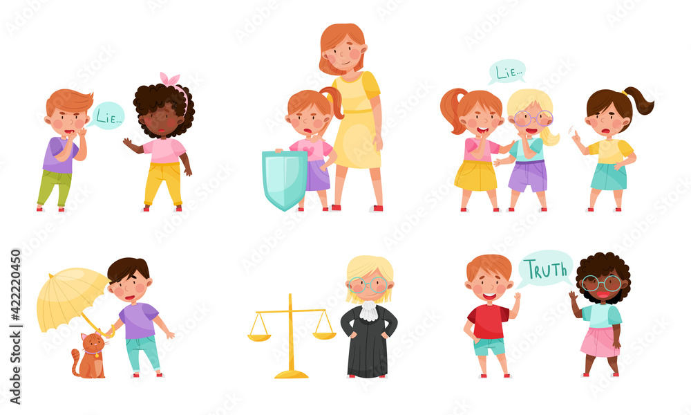 Little Kid Characters Playing Fair and Honestly Vector Illustration Set Little Kid Characters Playing Fair and Honestly Vector Illustration Set