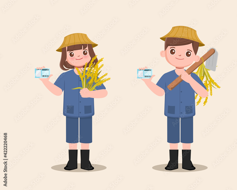 People farmer holding national id card. Agriculturist, cultivator character with paddy rice. People farmer holding national id card. Agriculturist, cultivator character with paddy rice.
