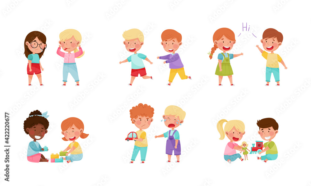 Friendly and Hostile Kids Playing Together Vector Illustrations Set Friendly and Hostile Kids Playing Together Vector Illustrations Set