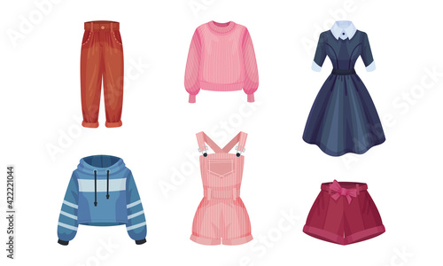 Women Wear with Sleeved Sweater, Hoody and Dress Vector Set