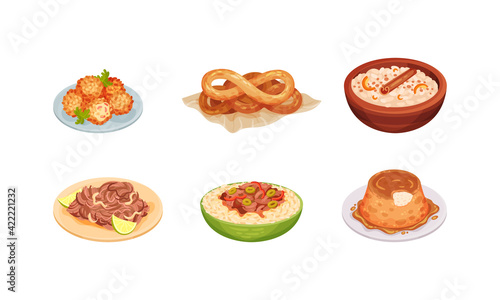 Cuban Food with Flan Pudding and Deep Fried Pastry Balls Vector Set