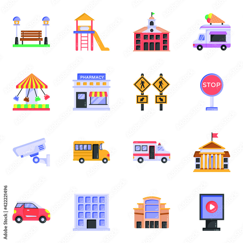
Pack of Architecture and Vehicle Flat Icons 

