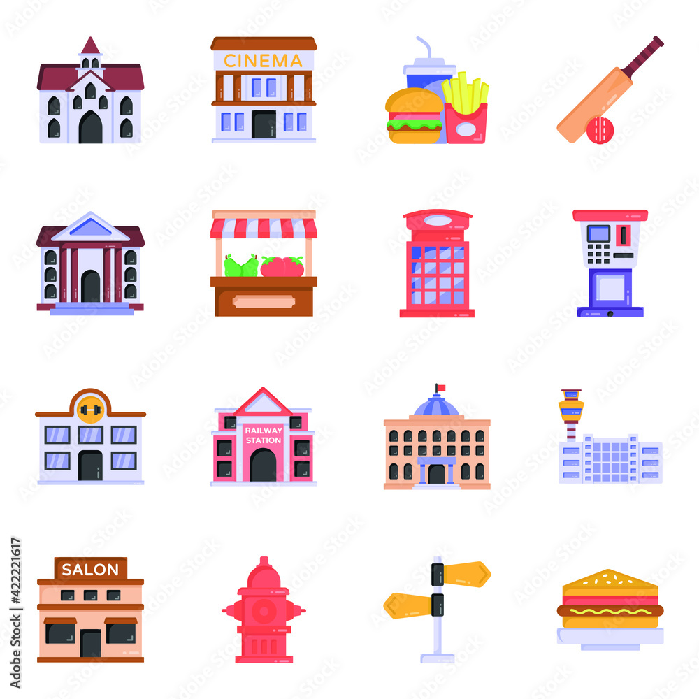 
Pack of Architecture and Accessories Flat Icons 

