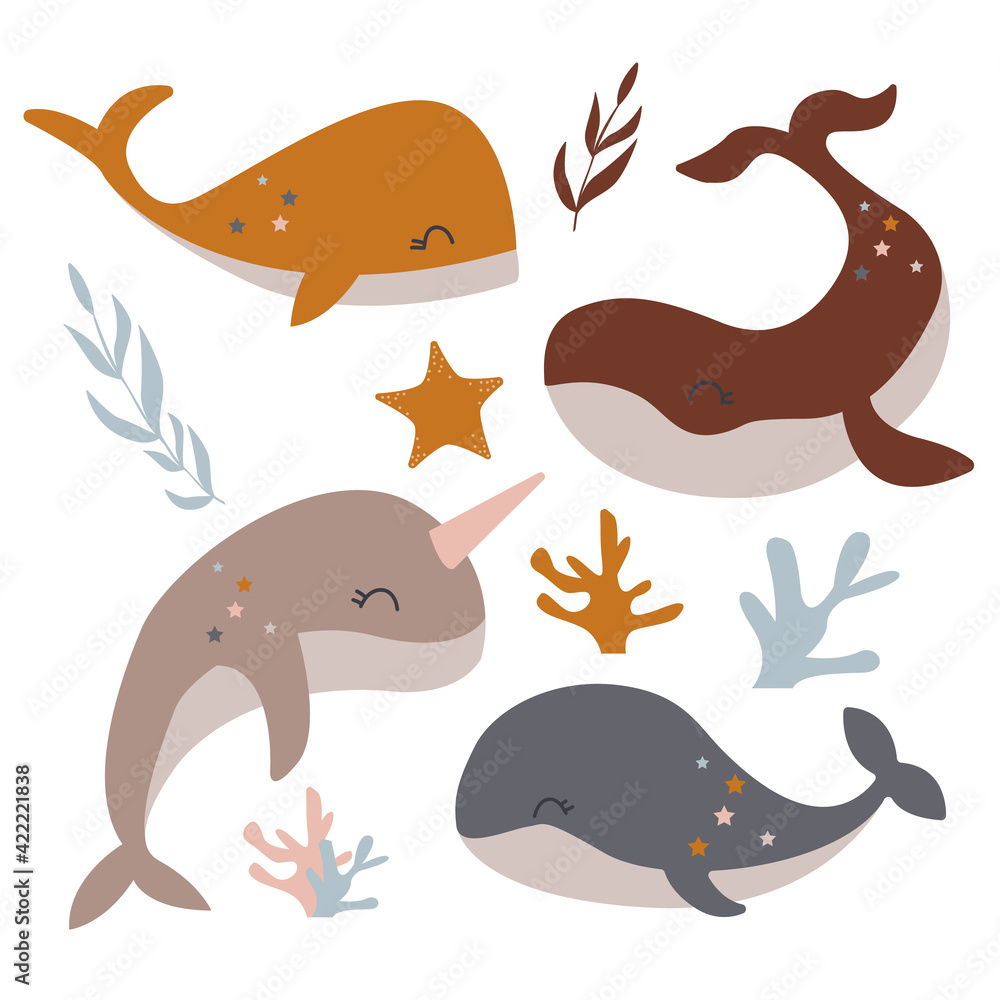Celestial whales isolated on white background. Boho set for scrapbooking, stickers, decoration, nursery, greeting card, posters Celestial whales isolated on white background. Boho set for scrapbooking, stickers, decoration, nursery, greeting card, posters