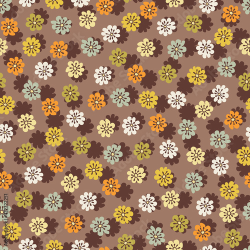 Colorful Small Scale Hand-Drawn Floral Vector Seamless Pattern. Retro 70s Style Nostalgic Fashion Textile Bold Background. Summer Resort Print. Ditsy Daisies. Flower Power