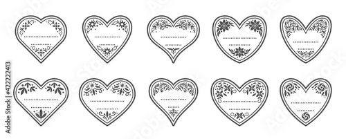 Heart shape vintage frame set. Valentine day love greeting card with floral pattern template. Wedding romantic invitation sticker flourish label. Decorative retro scrapbook tag stamp hearts collection