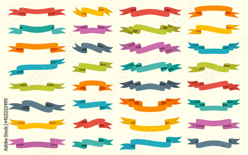 Retro ribbon flat set. Blank tape banner for advertising promotion, sale text, heading, title decoration, badge, emblem, frame. Curled, scroll ribbons. Elegant vintage flag, background stripe