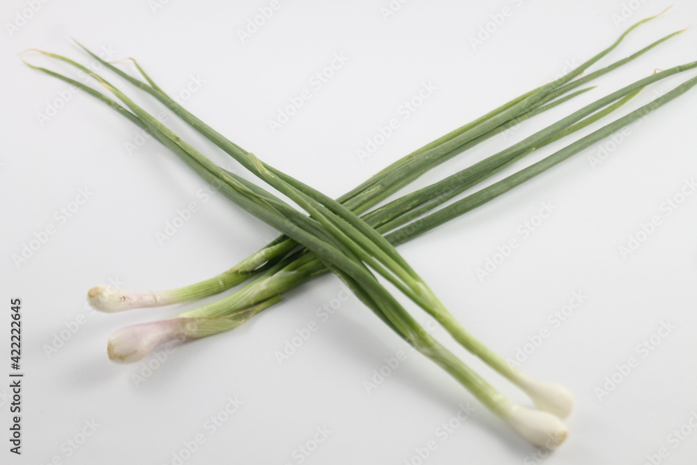 Fresh green leeks with white background