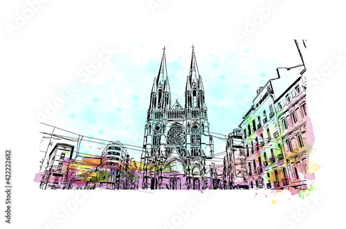 Building view with landmark of Marseille is the port city in southern France. Watercolour splash with hand drawn sketch illustration in vector.