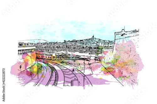 Building view with landmark of Marseille is the port city in southern France. Watercolour splash with hand drawn sketch illustration in vector.