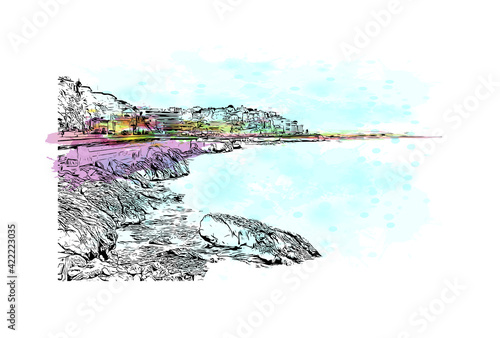Building view with landmark of Marseille is the port city in southern France. Watercolour splash with hand drawn sketch illustration in vector.