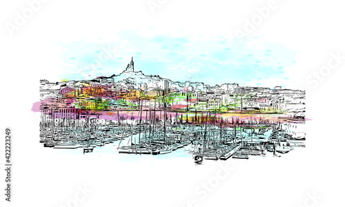 Building view with landmark of Marseille is the port city in southern France. Watercolour splash with hand drawn sketch illustration in vector.