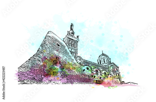 Building view with landmark of Marseille is the port city in southern France. Watercolour splash with hand drawn sketch illustration in vector.