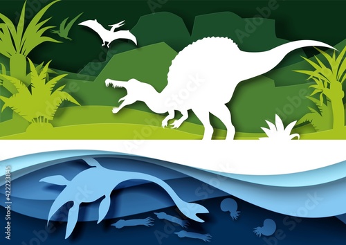 Paper cut dino silhouettes and nature landscape, vector illustration. Dinosaur, reptile wild animal. Archeology, history