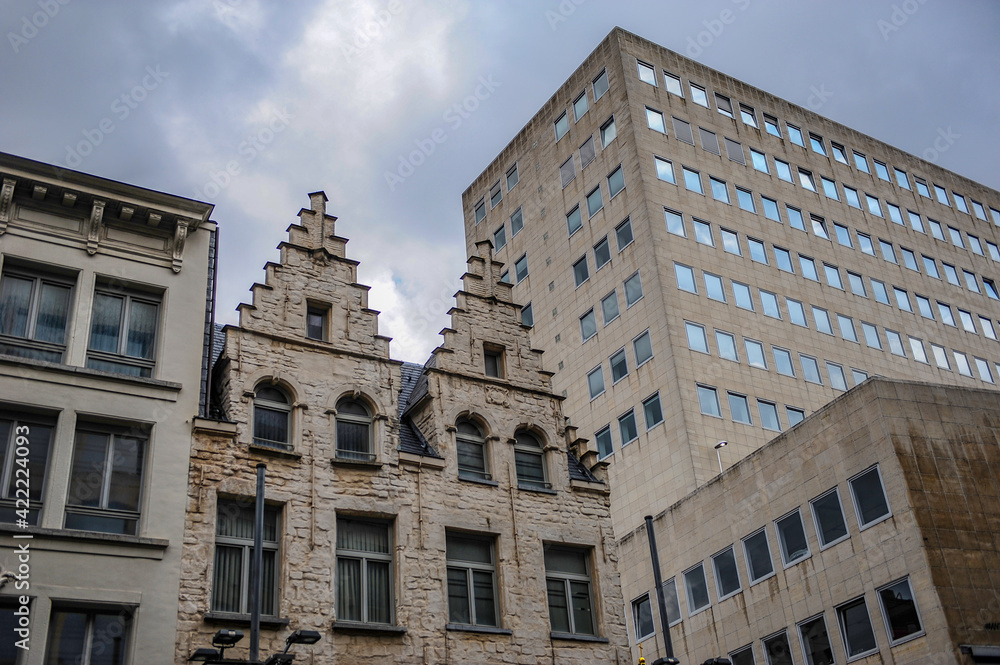 Contrast between old and modern buildings in the center of Antwerp in Belgium