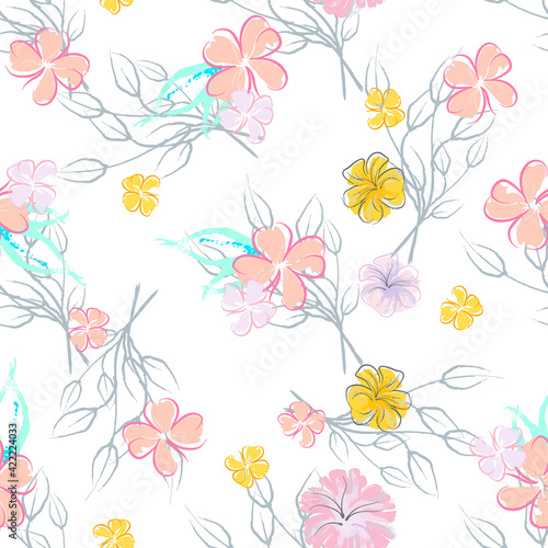 Pink Flowers Blooming Pattern. Pastel Watercolor.