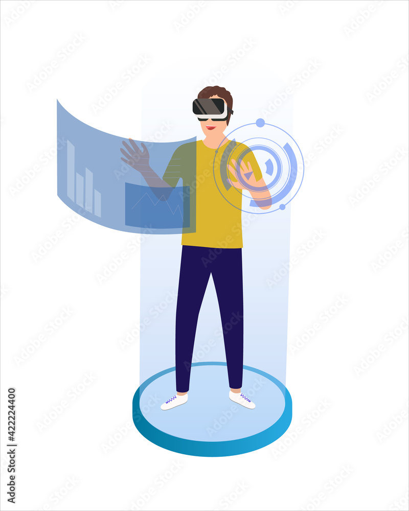 Young man wearing virtual reality glasses on platform. Smiling man using VR goggles headset to move object on white background. Vector illustration design. Young man wearing virtual reality glasses on platform. Smiling man using VR goggles headset to move object on white background. Vector illustration design.