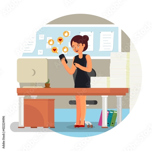 Office woman getting hearts and likes, approval social media signs, flat vector illustration. Social networks addiction.