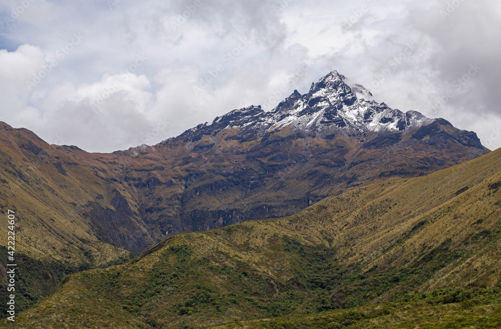 Cotacachi volcano peak with snow, Andes mountains near Otavalo and Quito, Ecuador.