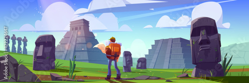 Traveler at ancient mayan pyramids or moai statues